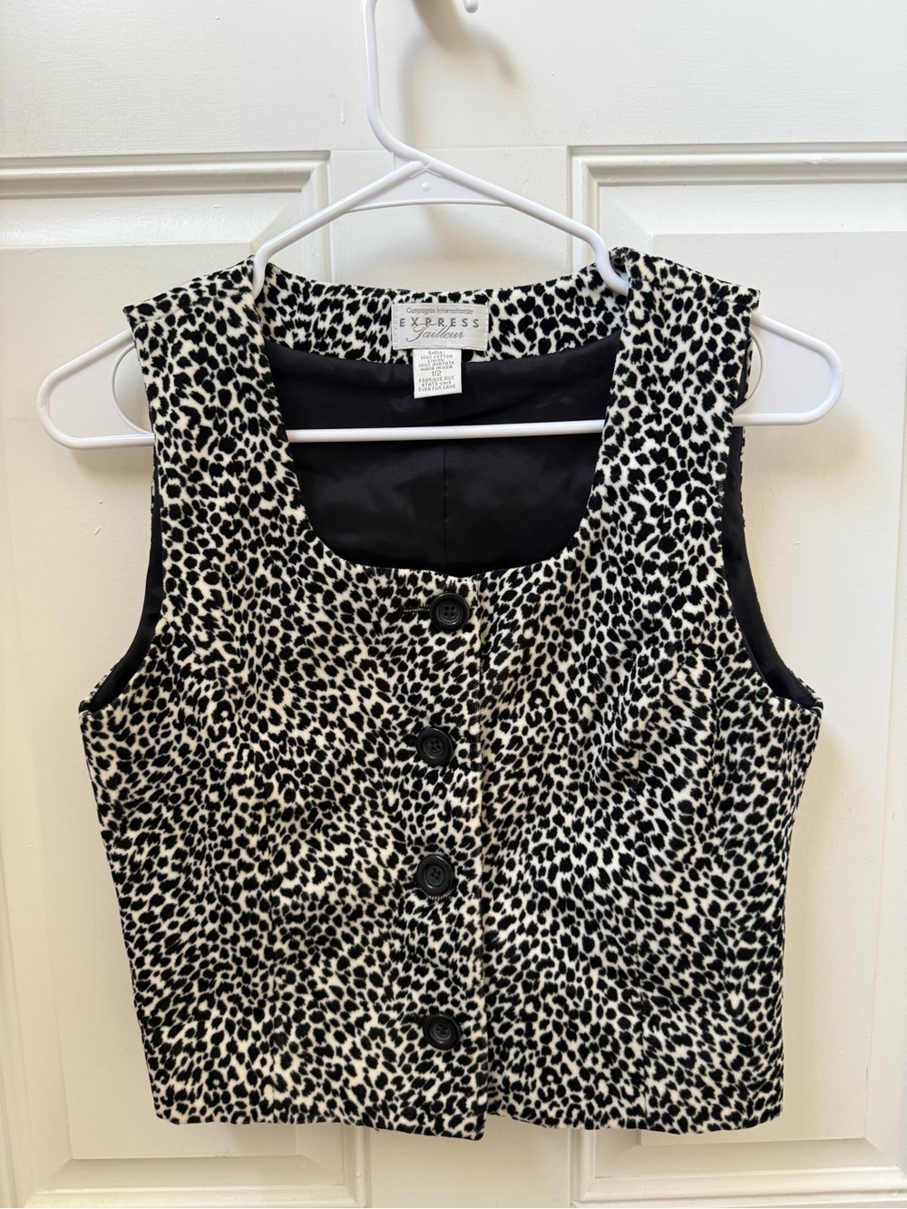 Vintage 90s Express Black and White Velvet Leopard Print Button Vest